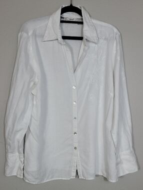 Edward 100% Irish Linen Button Down Shirt Size L White Embroidered Quiet Luxury